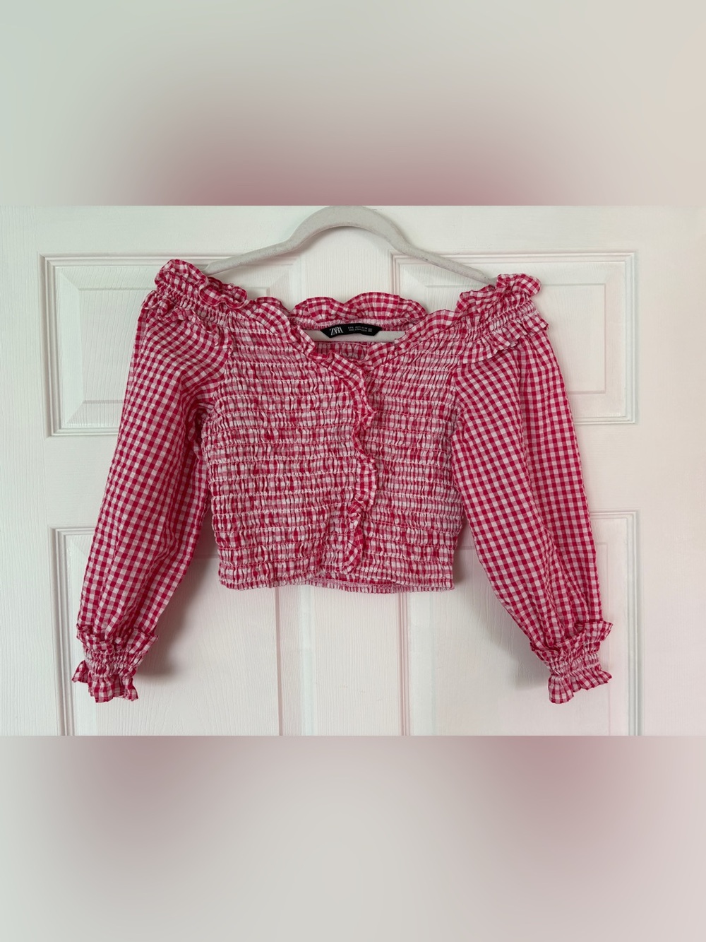 Zara Red Gingham Off-Shoulder Smocked Crop Top